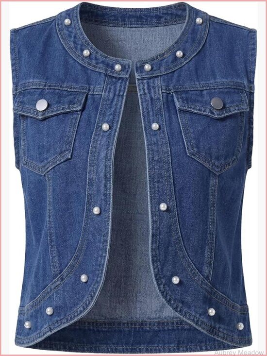Jackets & Blazers - Sleeveless Cropped Denim Vest with Pearl Decor Collarless Open Front